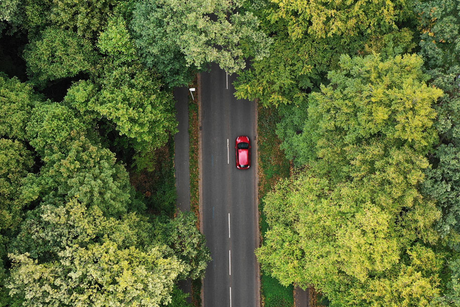 Bild aus Vogelperspektive: Roter PKW auf Landstrasse umgeben von vielen grünen Bäumen