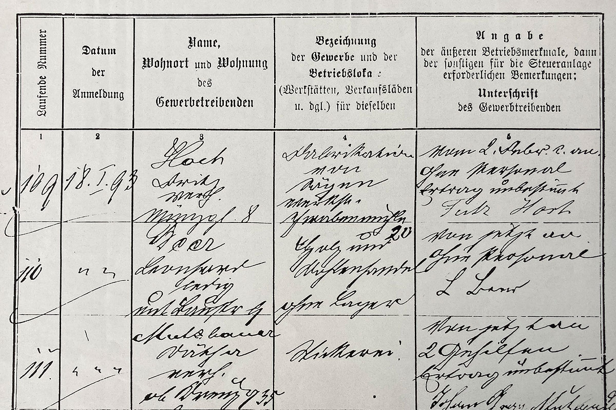 Auszug aus dem Original Dokument zur Firmengründung 1893